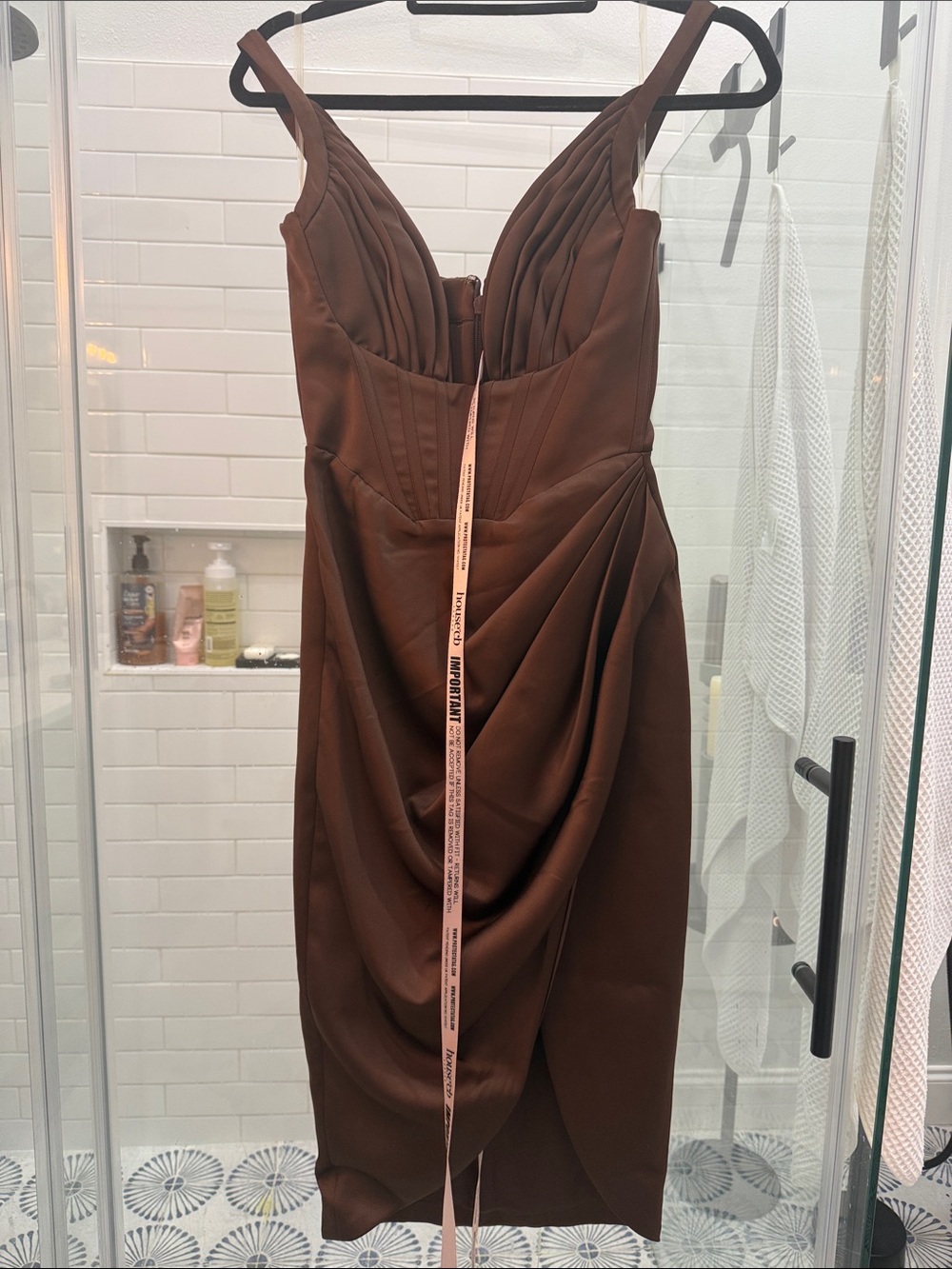 House of CB Brown Draped V-Neck Midi Dress